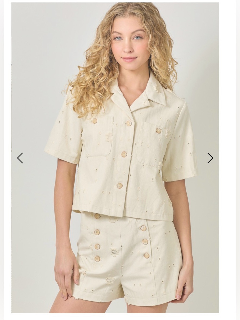 Mystree Distressed Cotton Blend Top & Shorts Coordinated Set Cream Medium NWT